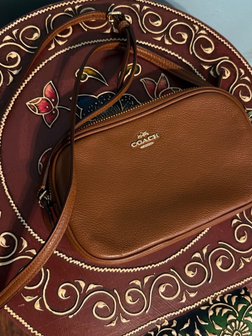 Coach Tan Pebble Leather Crossbody Bag with Gold Logo